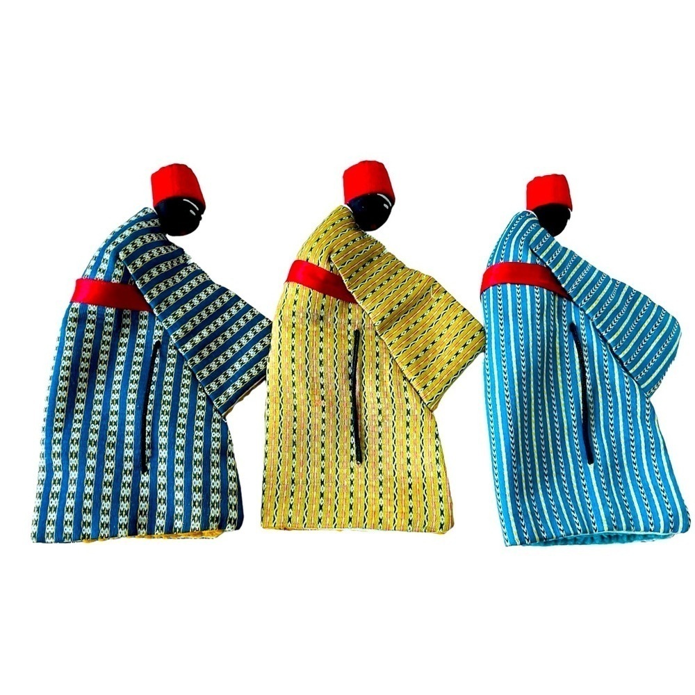 Set of 3 Handmade African Silk Finger Puppets Textile Folk Art Dolls